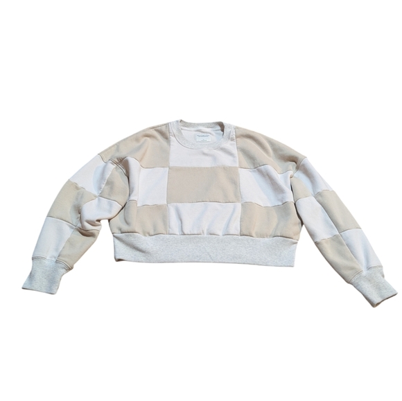 Abercrombie & Fitch Crop Patchwork Checkered Beige Cream Sweater Large - Picture 1 of 6